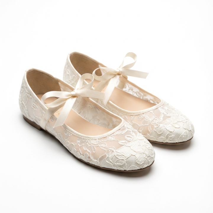 Elegant Pink Lace Ballet Flats with Satin Ribbon Ties - Women's Romantic Mary Jane Shoes (Off White & Pink))